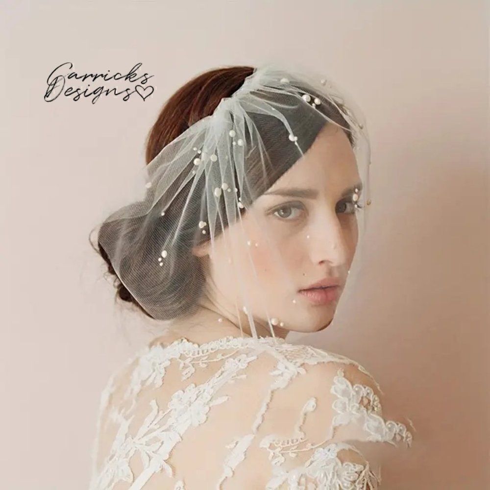 Pearl Accent Birdcage Short Wedding Bridal Veil With Comb